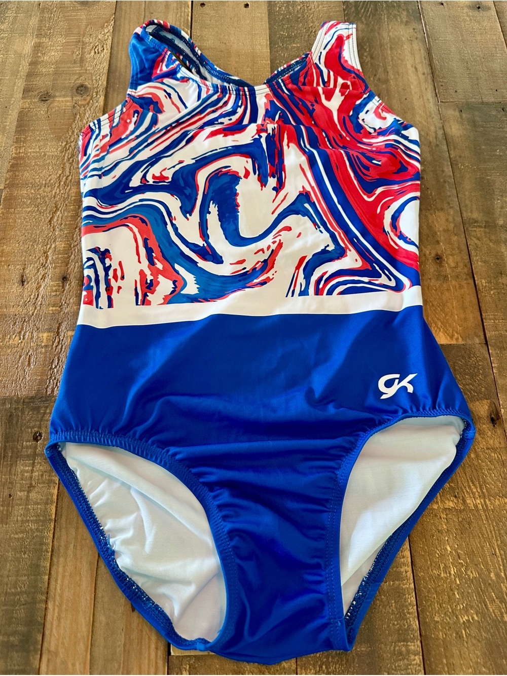 GK One-Piece Gymnastics Leotard in Blue, Red & White Marble Print